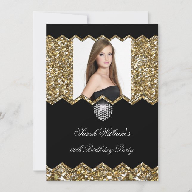 Convite Coração de Diamante Glitter Dourado Foto de Aniver (Frente)