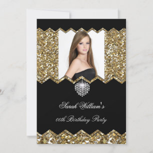 Convite Coração de Diamante Glitter Dourado Foto de Aniver