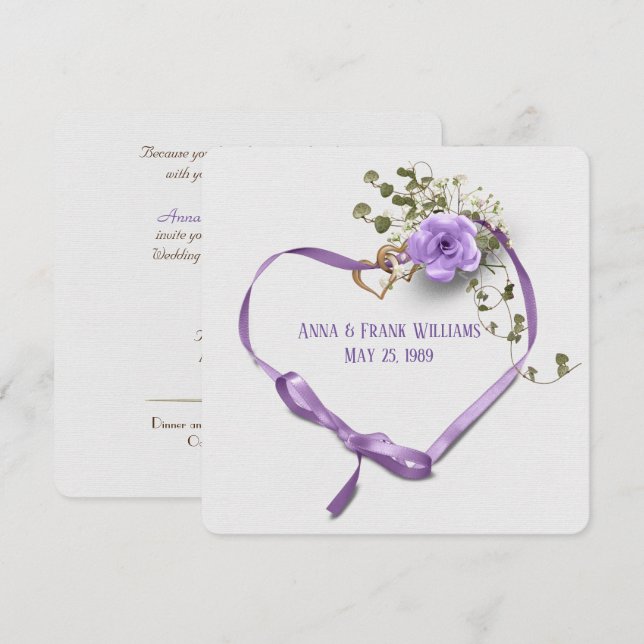 Convite coração de fita roxa com anéis para renovação da p (Frente/Verso)