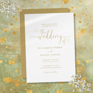 Convite Coração de Ouro Elegante Caligrafia Casamento Scri