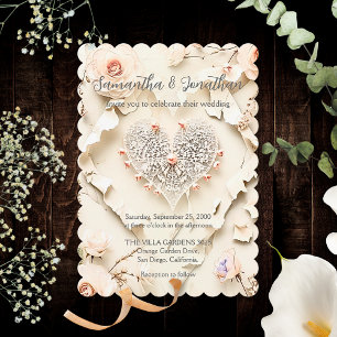 Convite Coração de Renda Marfim Floral Romântico Casamento