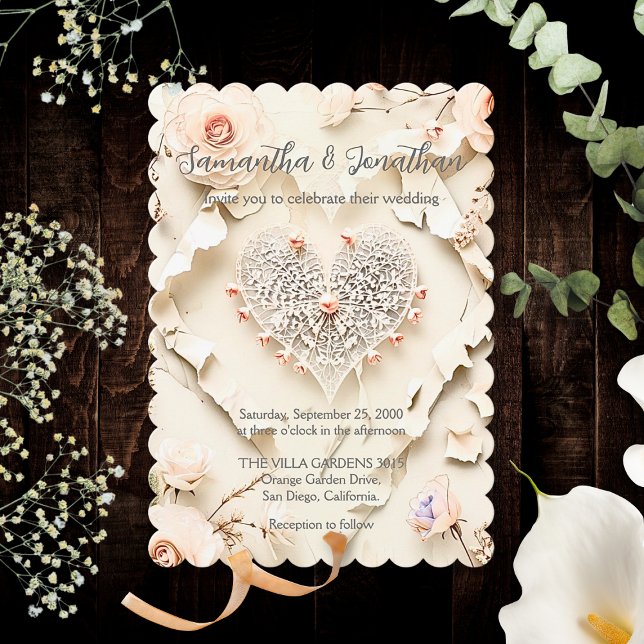 Convite Coração de Renda Marfim Floral Romântico Casamento (Criador carregado)