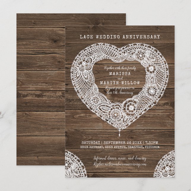 Convite Coração de renda rústica 13º aniversário de casame (Frente/Verso)