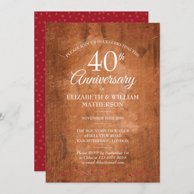 Convite Coração de Rubi do 40º Aniversário em Madeira Rúst (Frente/Verso)