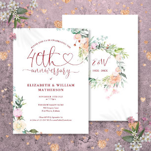 Convite Coração de Rubi do 40º Aniversário Floral Monogram