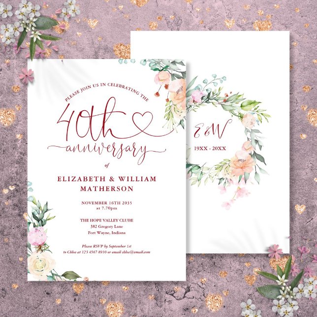 Convite Coração de Rubi do 40º Aniversário Floral Monogram (40th Anniversary Ruby Heart Floral Monogram Invitation)