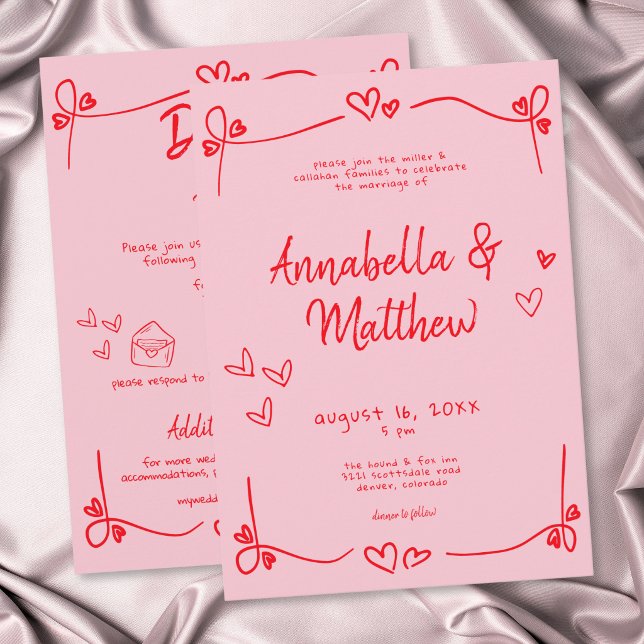 Convite Coração Desenhado à Mão Cor-de-Rosa Casamento Capr (Pink Hand Drawn Heart Whimsical Modern Wedding Invitation)