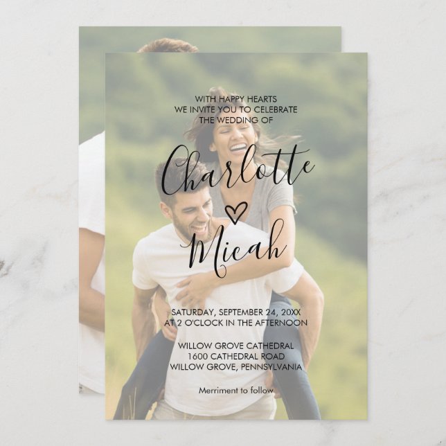 Convite Coração Desenhado à Mão | Foto Esmaecida De Casame (Frente/Verso)