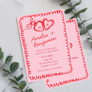 Convite coração desenhado à mão rosa e vermelho Casamento 