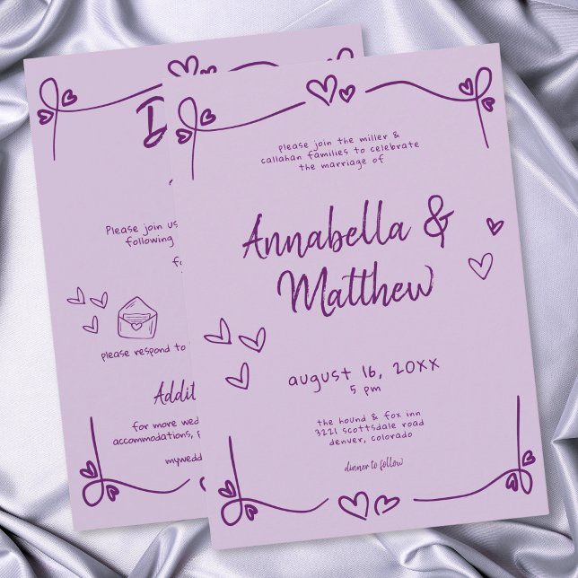 Convite Coração Desenhado à Mão Roxo Casamento Moderno Cap (Purple Hand Drawn Heart Whimsical Modern Wedding Invitation)