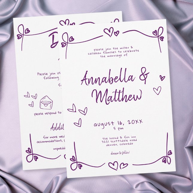 Convite Coração Desenhado à Mão Roxo Casamento Moderno Cap (Purple Hand Drawn Heart Whimsical Modern Wedding Invitation)