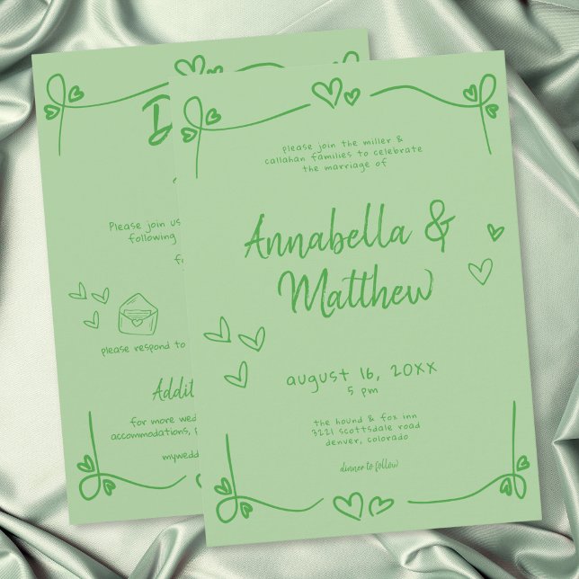 Convite Coração Desenhado à Mão Verde Casamento Moderno Ca (Green Hand Drawn Heart Whimsical Modern Wedding Invitation)
