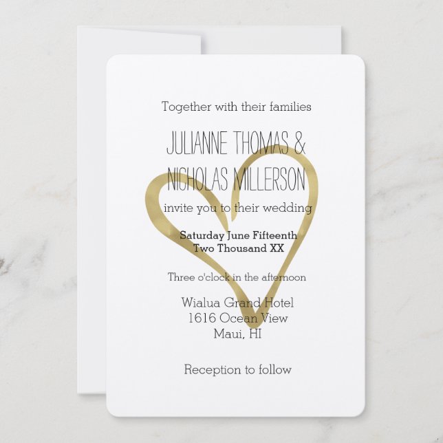 Convite Coração do Casamento Dourado (Frente)