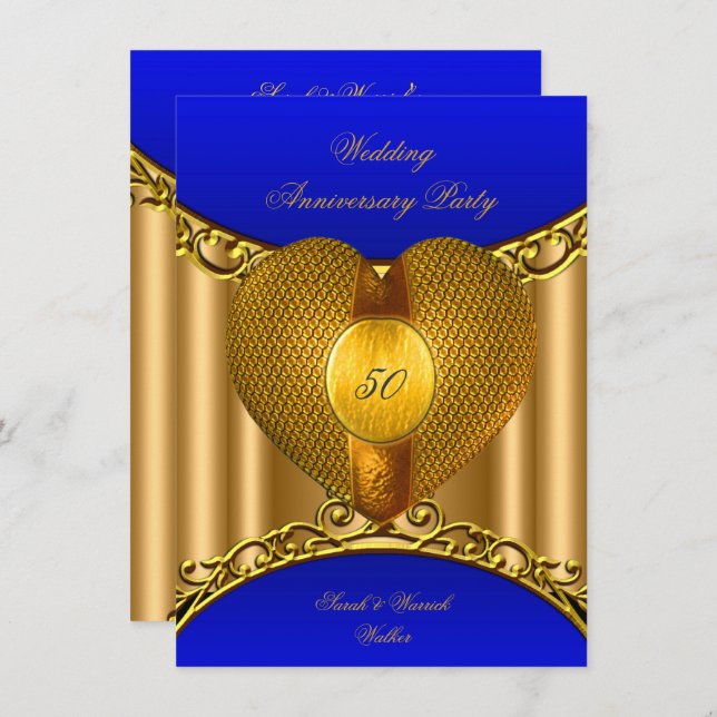 Convite Coração Dourado Azul Real 50º Aniversário (Frente/Verso)
