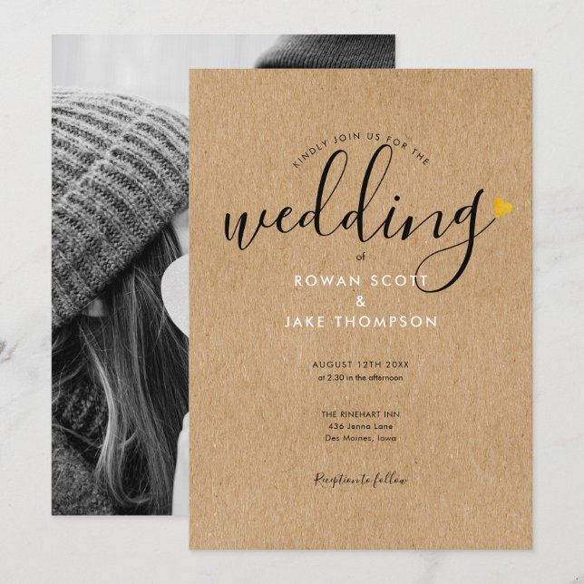 Convite Coração Dourado Chic Casamento Foto Kraft Rústico (Frente/Verso)