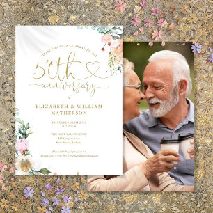 Convite Coração Dourado Floral Foto de Aniversário de 50 A