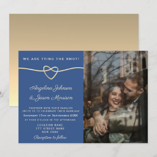 Convite Coração Dourado Moderno Casamento Foto Azul