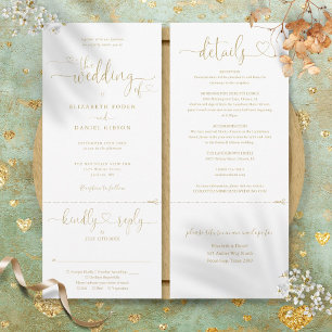 Convite Coração Dourado Moderno Script Tudo em Um Casament