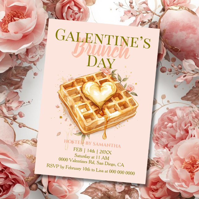 Convite Coração Dourado Waffle Galentine Brunch Pastel Flo (Criador carregado)