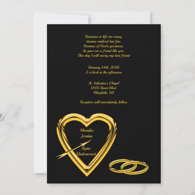 Convite Coração e Anéis em Ouro sobre Casamento Moderno Pr (Frente)