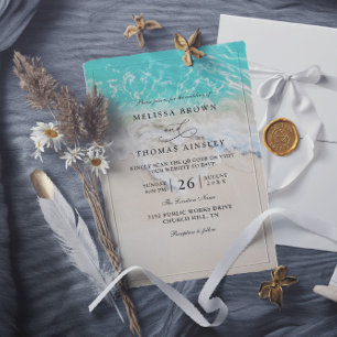 Convite Coração Espuma do Mar Praia Casamento Elegante Cód