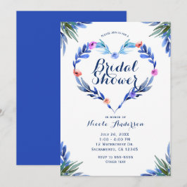 Convite Coração Floral Azul Brilhante Botânica Aquarela