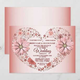 Convite Coração Floral de Pêssego Casamento Moderno