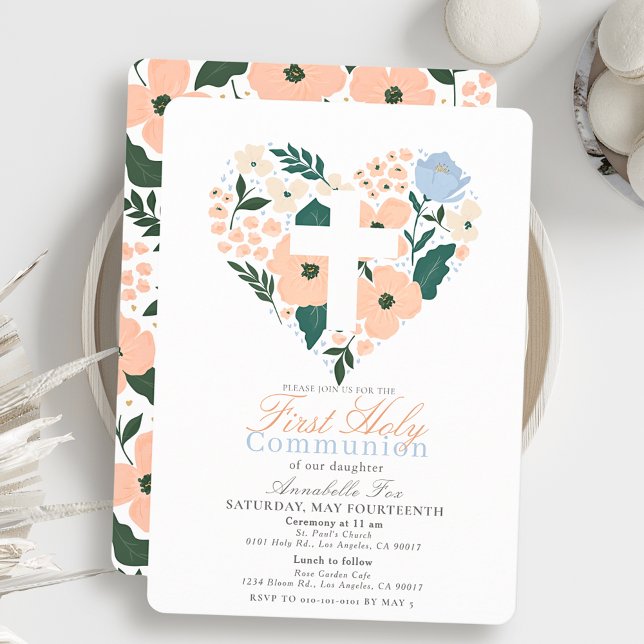 Convite Coração Floral Rosa Cruzada Primeira Comunhão Sant (Criador carregado)