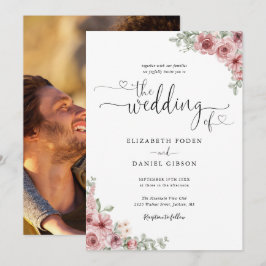 Convite Coração Floral Rosa Poeirento Script Foto Casament