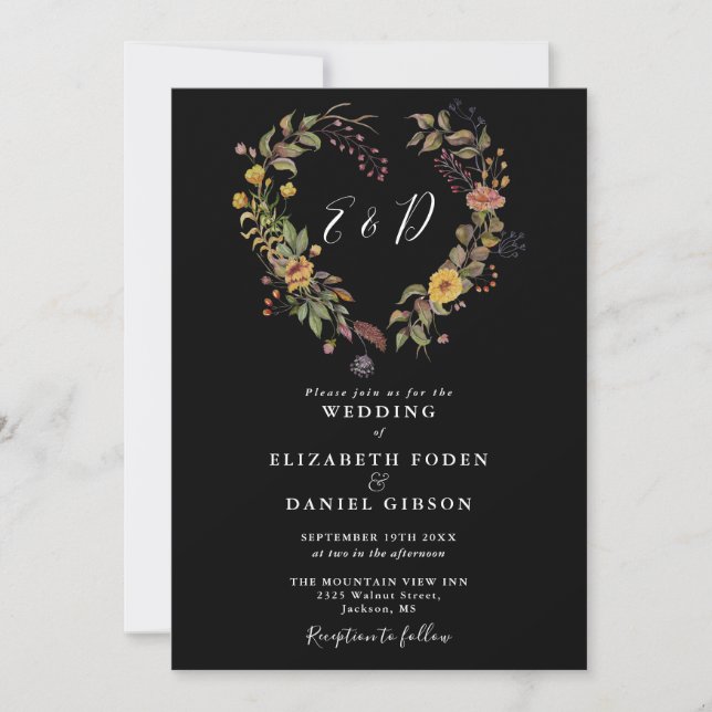 Convite Coração Floral Rústico Casamento Preto e Branco (Frente)