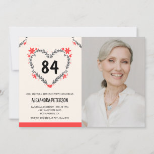Convite Coração Floral Vermelho Elegante para o seu 84º an