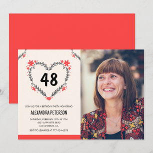 Convite Coração Floral Vermelho Elegante para seu 48º aniv