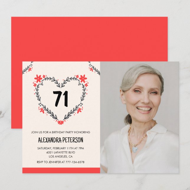 Convite Coração Floral Vermelho Elegante para seu aniversá (Frente/Verso)