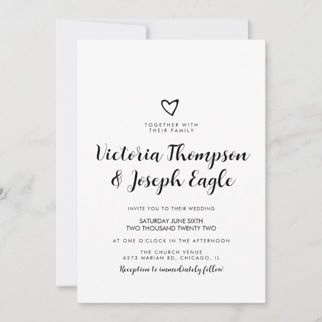 Convite Coração Inclinado Preto Branco Script | Casamento  (Frente)