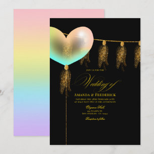 Convite Coração Iridescente Preto e Dourado Casamento