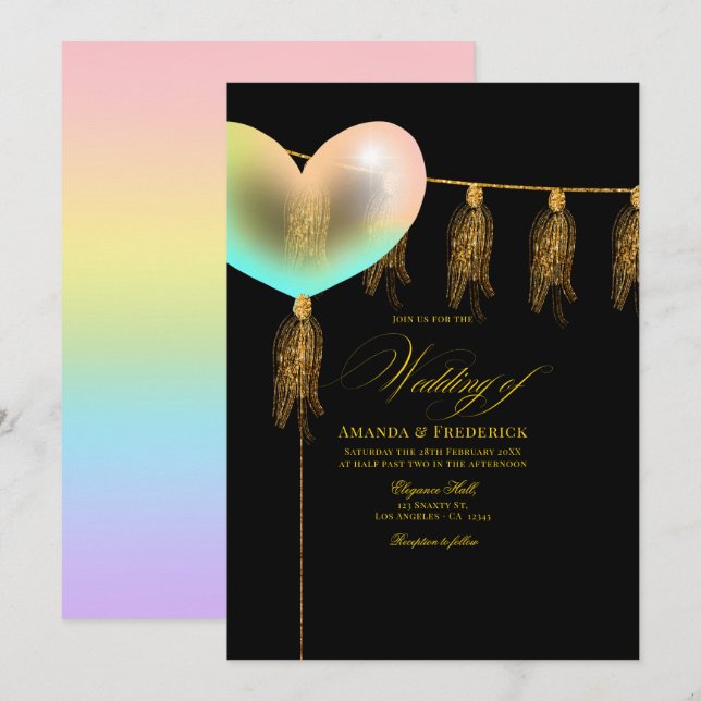 Convite Coração Iridescente Preto e Dourado Casamento (Frente/Verso)
