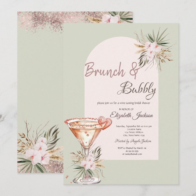 Convite Coração Martini Boho Flores Brunch & Espumante (Frente/Verso)