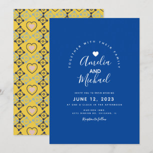 Convite Coração Mediterrâneo Moderno Casamento Azul Amarel