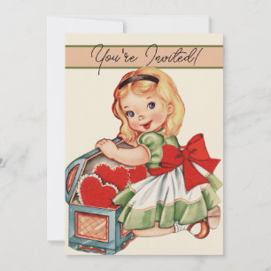 Convite Coração Menina Criança Retro Bonito Crianças