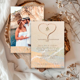 Convite Coração na Areia Boho Foto Casamento de Destino na