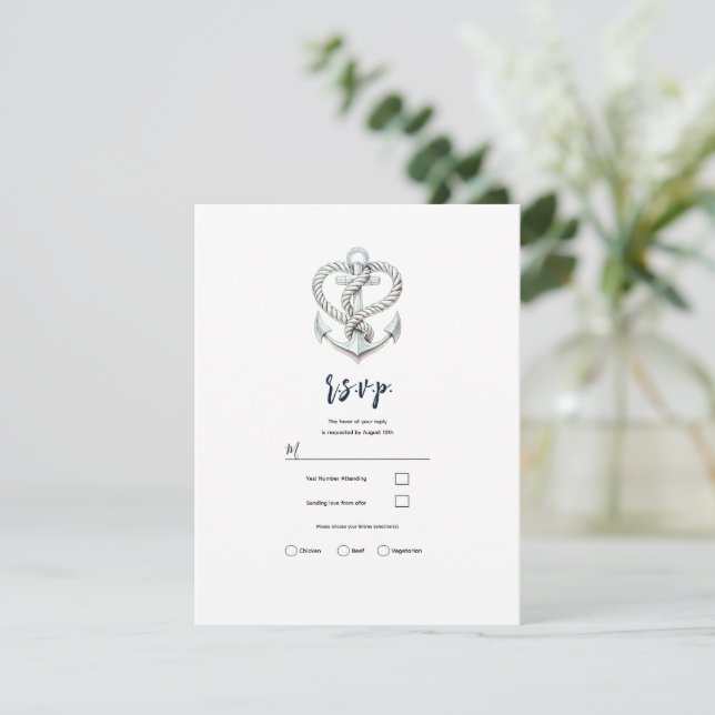 Convite Coração Náutico Corda Âncora Resposta Casamento Co (Em pé/Frente)