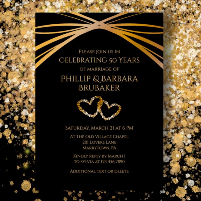 Convite Coração Original Elegante de Aniversário de 50 Ano (Custom 50th Wedding Anniversary Party Invitation, Golden Modern on Black, romantic hearts.)