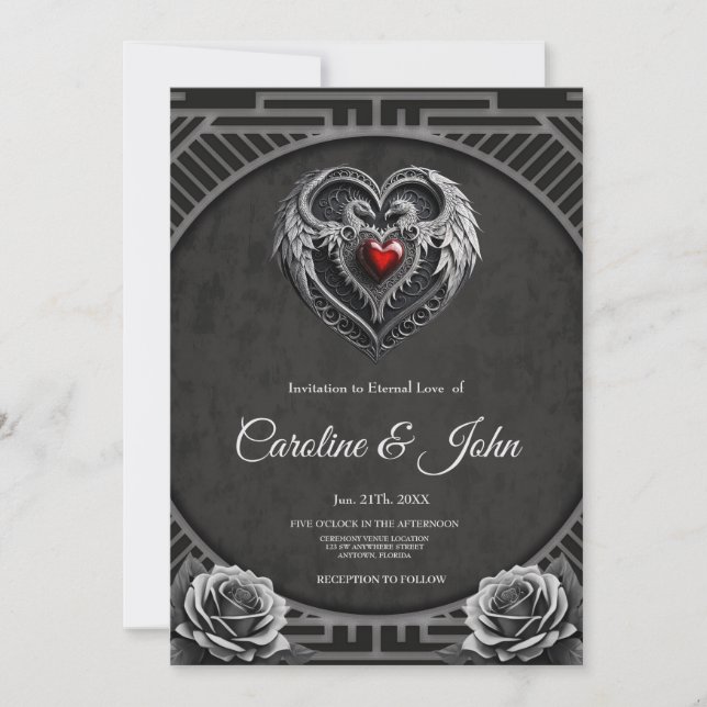 Convite Coração prateado com asas. (Frente)