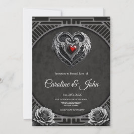 Convite Coração prateado com asas.