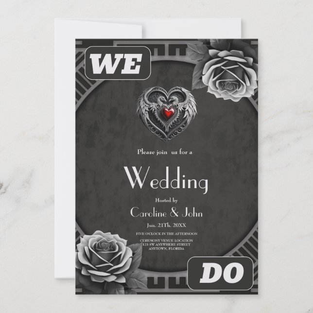 Convite Coração prateado com asas. (Frente)