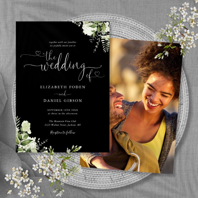 Convite Coração Preto E Branco Folhagem Script Foto Casame (Black And White Heart Script Foliage Photo Wedding Invitation)