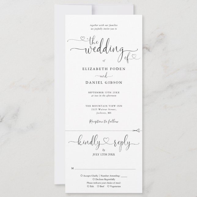 Convite Coração Preto e Branco Script Tudo em Um Casamento (Frente)