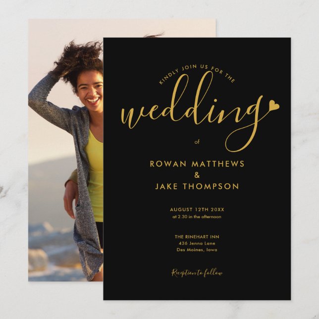 Convite Coração Preto e Dourado Elegante Foto de Capa de C (Frente/Verso)