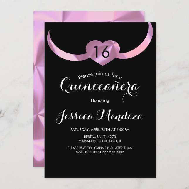 Convite Coração Quinceañera Doce 16 Folhas Rosa (Frente/Verso)