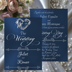 Convite Coração Romântico & Caligrafia em Azul - Casamento